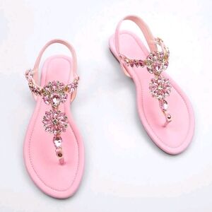 Women's Rhinestone & Flower Decor Toe Post Flat Sandals. Pink Lycra Thong Sandal